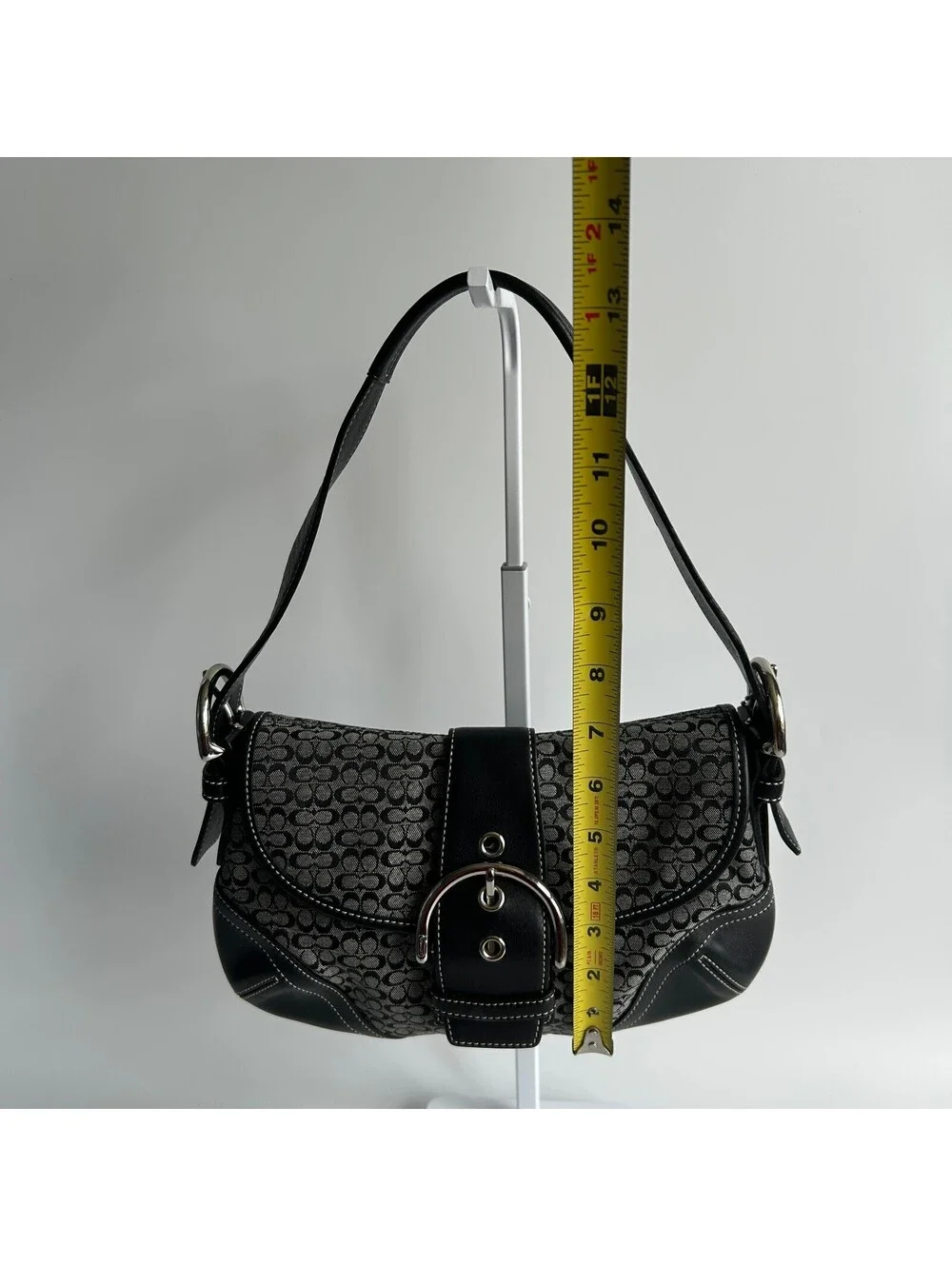 Coach Soho Black Grey Signature Monogram Shoulder Bag Leather Trim Buckle Purse